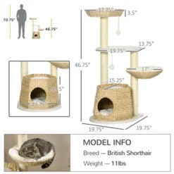 SEVOBAL Cat Tree Kitty Activity Center, Cat Climbing Toy With Cattail Fluff, Bed, Condo, Sisal Scratching Post, Natural, (19.8"*19.8"*46.8")