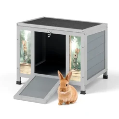 SEVOBAL Pet Crates And Houses Wooden Rabbit Hutch With Door Weatherproof Roof For Outdoor Rabbits Guinea Pigs Cats Chicks, Gray, 23.62"*18.62"*19.5" -Household Items GUEST fe463e21 1c0d 4841 8285 a592d5f7b088
